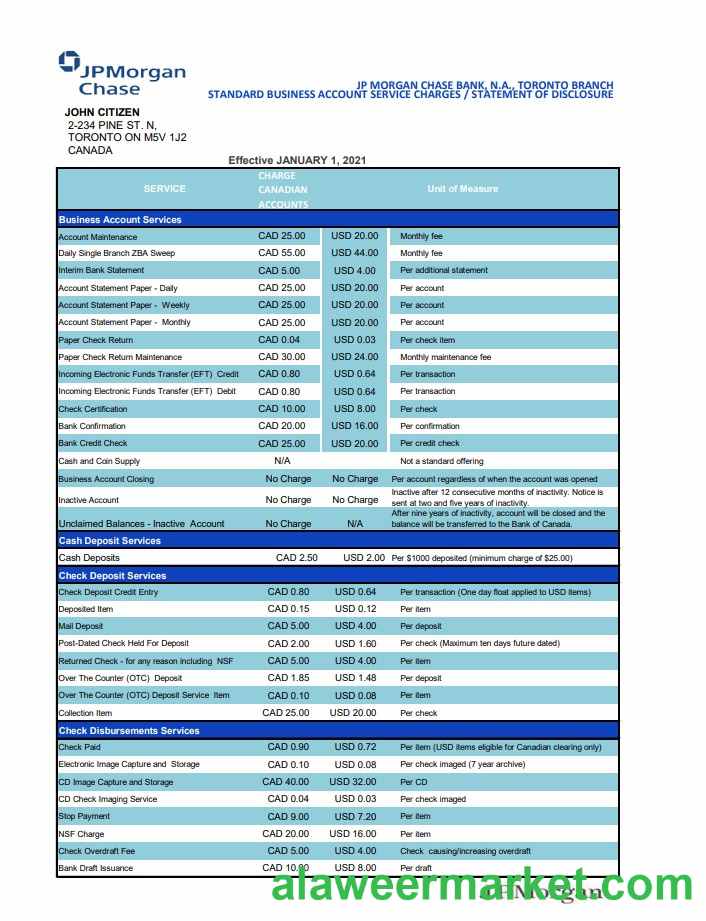 USA JP Morgan Chase bank statement template in .xls and .pdf file format